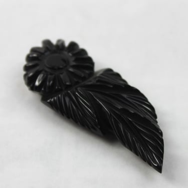Bakelite Dress Fur Scarf Clip Black Floral Carved 