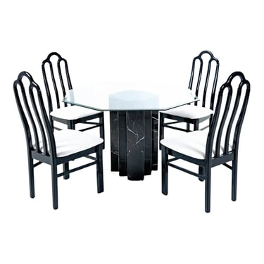 1980s Neo Deco Dining Set with Glass Top Marble Pedestal Table and Black and White Chairs 