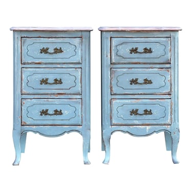 Rustic Hand Painted Country French Three Drawer Nightstands - a Pair 