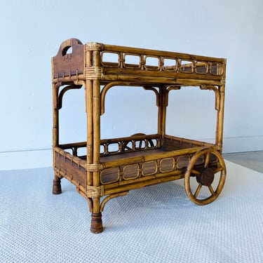 Rattan Bar Cart FREE SHIPPING Vintage Bamboo Trolley with Wooden Wheels and Rustic Table Tops 