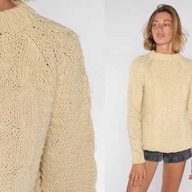 Cable Knit Sweater Cream Knit Pullover Boho 70s 80s Bohemian Fisherman Sweater Slouchy Vintage Knitwear Pullover Chunky Knit Sweater Medium 