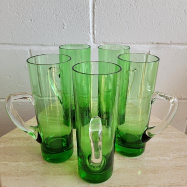 Mod Handblown Green Glasses with Handle - Set of 5