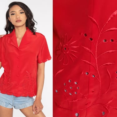 Embroidered Floral Shirt Cut Out Top 80s Red Blouse Cutwork EMBROIDERY Blouse Boho Button Up Cutout Bohemian Short Sleeve Medium Large 