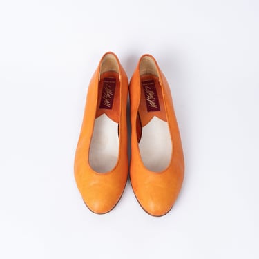 Vintage 70s Lord & Taylor Italian Orange Leather Flats with Wood Heel 