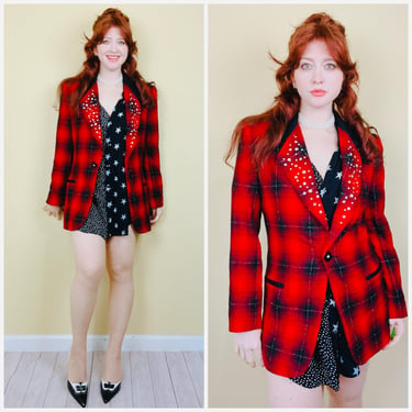 1980s Vintage Nordstrom Gallery Red Plaid Sparkle Blazer 80s Punk Rhinestone Long Line Jacket Dress / Size Large 