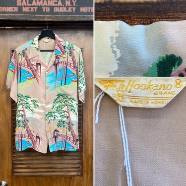 Vintage 1950’s “Hookano” Asian Japan Design Crepe Hawaiian Shirt, 50’s Camp Collar, Vintage Clothing 