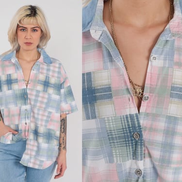 Patchwork Plaid Blouse 90s Button Up Shirt Checkered Short Sleeve Top Retro Preppy Casual Pink Blue Green 1990s Vintage Extra Large xl 