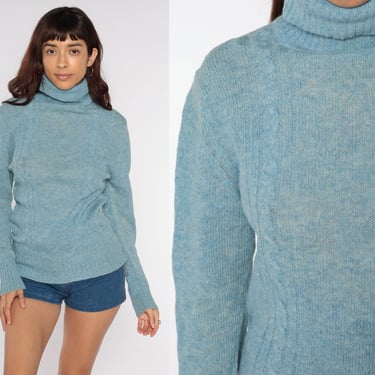 Blue Wool Sweater Turtleneck Sweater Cable Knit Sweater 80s Pullover Sweater Jumper Vintage 1980s Funnel Neck Medium 