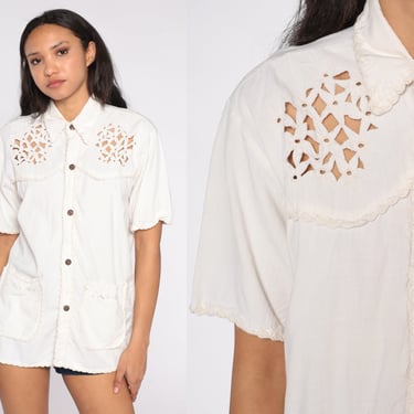 Cut Out Top 80s Floral Cutwork Blouse Boho Off-White Button Up Scalloped Collar Girly Shirt 1980s Vintage Cutout Short Sleeve Medium Large 