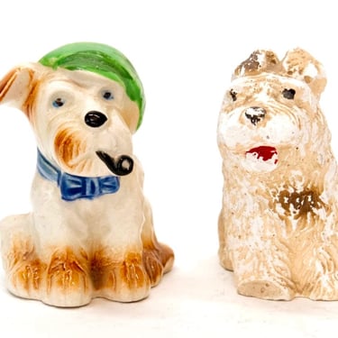 Vintage Westies White Scottie Figurines Early Occupied Japan Scottish Terrier with Cap & Pipe Figurine + Chalkware Westie 