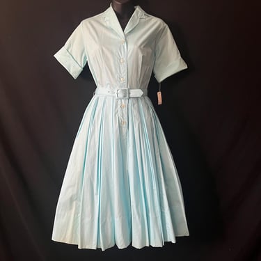 1950s aqua day dress shirtwaist fit and flare frock small TLC 