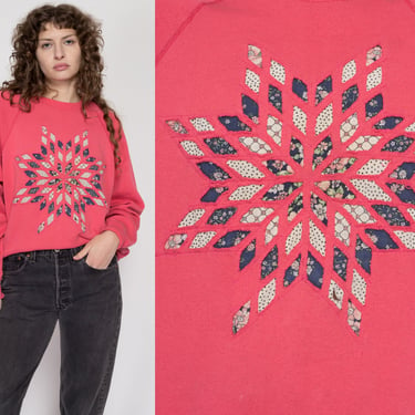 XL 90s Quilted Snowflake Graphic Sweatshirt | Vintage Salmon Pink Patchwork Raglan Sleeve Pullover 
