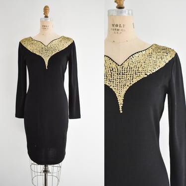 1980s/90s Black Knit Dress with Gold Sequins 