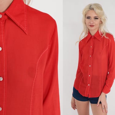 Red Button Up Shirt 70s Disco Top Semi-Sheer Pointed Dagger Collar Top Stitch Long Sleeve Retro Plain Preppy Blouse Vintage 1970s Small S 