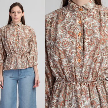 70s Boho Floral Paisley Blouse - Medium | Vintage 3/4 Sleeve Fitted Waist Hippie Top 