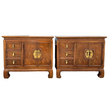 Set of 2 Chinoiserie Nightstands by Thomasville Mystique - Vintage Pecan Burl Wood & Brass Hardware Asian Hollywood Regency End Tables Pair 