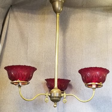 3 Arm Brass Pendant Light with Ruby Glass Shades. 22 x 30