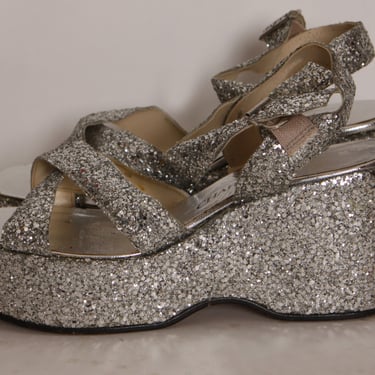 1970s Silver Glitter Wedge Platform Disco Heels Shoes by Charmette -Size 8 