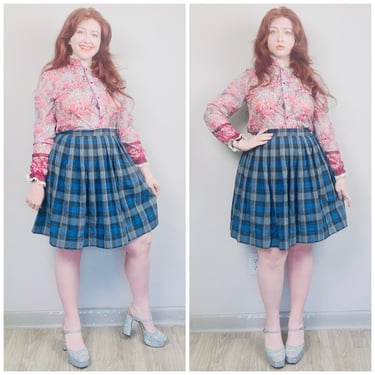 1990s Vintage Blue and Grey Plaid Skirt / 90s Poly Knit High Waisted Pleated Schoolgirl Skirt / Size Small - Medium 