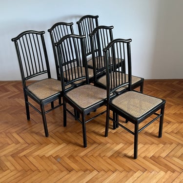 1 of 6 Black Wooden Dining Chairs / High Back Dining Room Chairs / Thonet Style  / Rattan Seat / Made in Italy / 1980s 