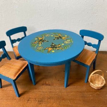 Vintage Lundby Dollhouse Round Blue Dining Table With 3 Chairs, Scandinavian Folk Art Doll Table, Folk Art Man Riding Horse 