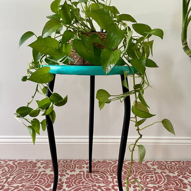 Vintage Turquoise Table - Round Plant Stand - Iron Legs - Boho Plant Stand - Chippy Paint - Rustic Plant Stand 