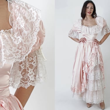 70s Zum Zum Country Saloon Maxi Dress, Plain Floral Lace Romantic Prairie Gown, Vintage Victorian Style Sweeping Long Prom Outfit 