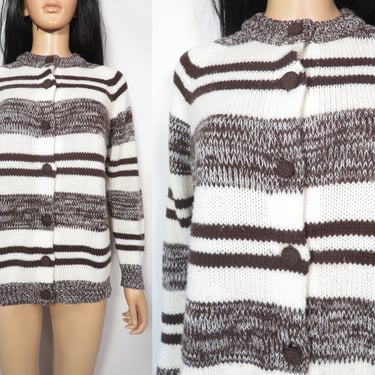 Vintage 70s Mod Hippie Marbled Knit Space Dyed Brown Striped Cardigan Size M 