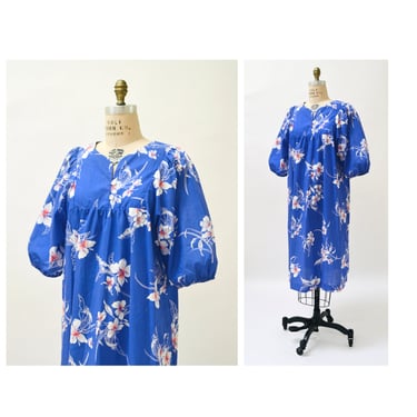 80s Vintage Floral Hawaiin Print Dress Size Large Cotton Beach Cover Up Moo Moo Dress Blue Large Plus Size Floral Print Dress Blue Tropical 