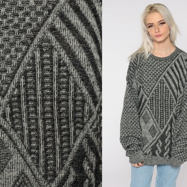 Grey Geometric Sweater 80s Slouchy Acrylic Wool Blend 90s Vintage Knit Pullover Jumper Extra Large xl L 