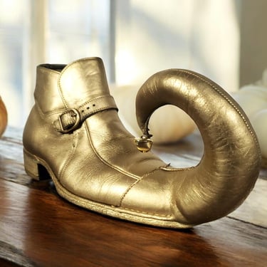 Vintage novelty clown shoes 1960s jester gold with gold bells curled pillowed toes curiosity curio costume one of a kind (M8 W9.5) 