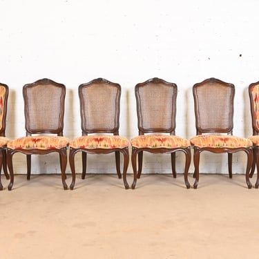 Kindel Furniture French Provincial Louis XV Carved Walnut Cane Back Dining Chairs, Set of Six