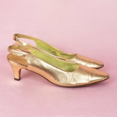 Vintage 1950s Mr. Easton Gold Leather Slingback Heels 7.5N 