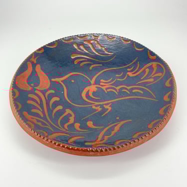Vintage C.H. Foltz Lancaster County Redware Pottery Decorative Plate with Bird Mid-Century Signed 