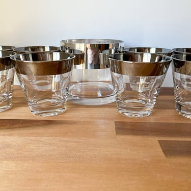 Mid Century Modern Barware with Silver Rims. Dorothy Thorpe Style Bar Glasses and Ice Bucket. 