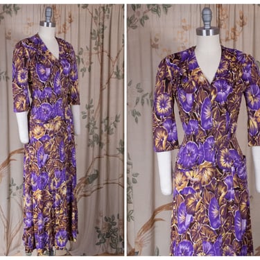 Vintage 1940s Dress - Bold Purple and Mustard Petunia Floral Rayon Jersey 40s Hostess Dress or Gown 