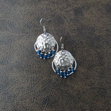 Navy blue frosted glass and hammered silver chandelier earrings 