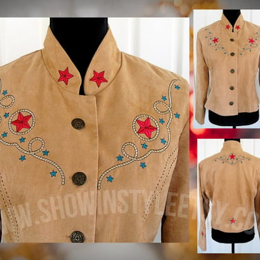 Panhandle Slim Vintage Retro Western Women's Cowgirl Jacket, Faux Suede with Embroidered Stars & Ropes, Tag Size Medium (see meas. photo) 
