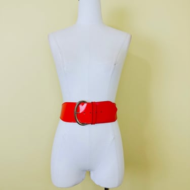 1980s Vintage Dame Belt Patent Leather Corset Belt  / 80s Cherry Red Waist Cincher / Size Large 29"-32" 