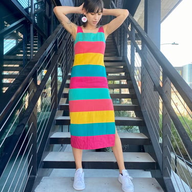 Vintage 90s Striped Linen Colorful Sleeveless Maxi dress S/M 