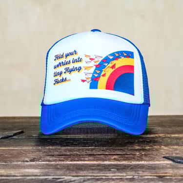 Ready to Ship | Trucker Hat | Hand Printed | Flying Worries | Blue Hat 