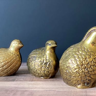 3 Large vintage brass quail figurines. Christmas partridge for mantel, shelf & tabletop decor. Thanksgiving woodland bird centerpiece accent 
