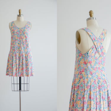floral mini dress | 80s 90s vintage Laura Ashley rainbow floral cross back sleeveless short summer dress 