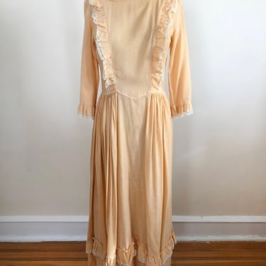 Peach, Lace-Trimmed Maxi Prairie Dress - 1970s 
