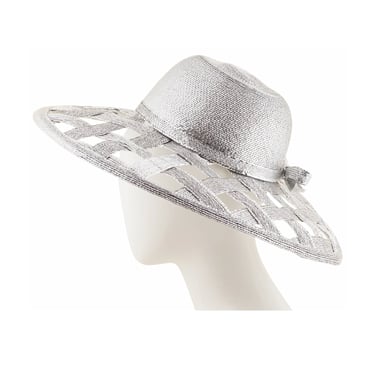 Frank Olive 1980s Vintage Silver Metallic Straw Cut-Out Wide Brim Hat 