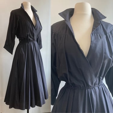 Glam Vintage 80s Does 50s FIT FLARE Dress / Deep V-Neck + Pockets + Circle Skirt / M/L 