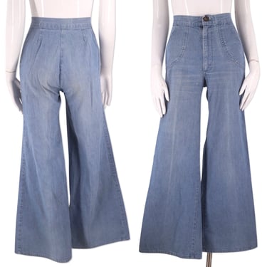 70s wide leg high waist bell bottom jeans 27, vintage 1970s light denim elephant bells, flares pants 6-8 