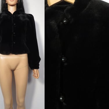 Vintage 70s/80s Black Faux Fur Cropped Tailored Jacket With Bubble Buttons Made In USA Size S 