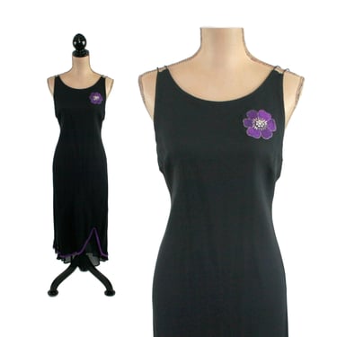 90s Long Black Spaghetti Strap Slip Dress, Chiffon Cocktail Maxi Dress with Applique Flower, 1990s Clothes for Women Vintage JESSICA HOWARD 