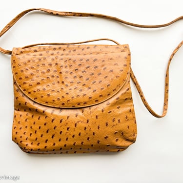 1980s Ostrich Embossed Leather Shoulder Bag | 80s Ostrich Carmel Leather Purse 